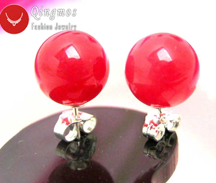 

Qingmos Trendy Red Jades Earrings for Women with 10mm Round Natural Jades Sterling Silver S925 Stud Earring ear130