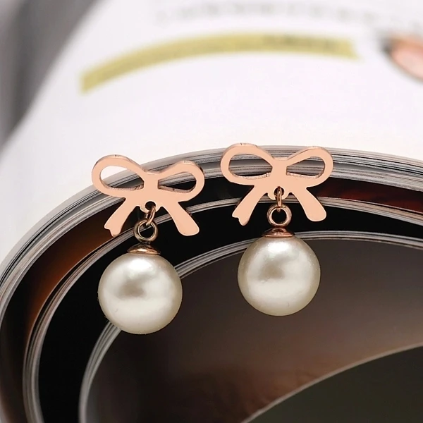 

YUN RUO Rose Gold Color Bowknot Pearl Earring New Arrival Fashion Woman Titanium Jewelry Birthday Gift Not Fade Free Shipping