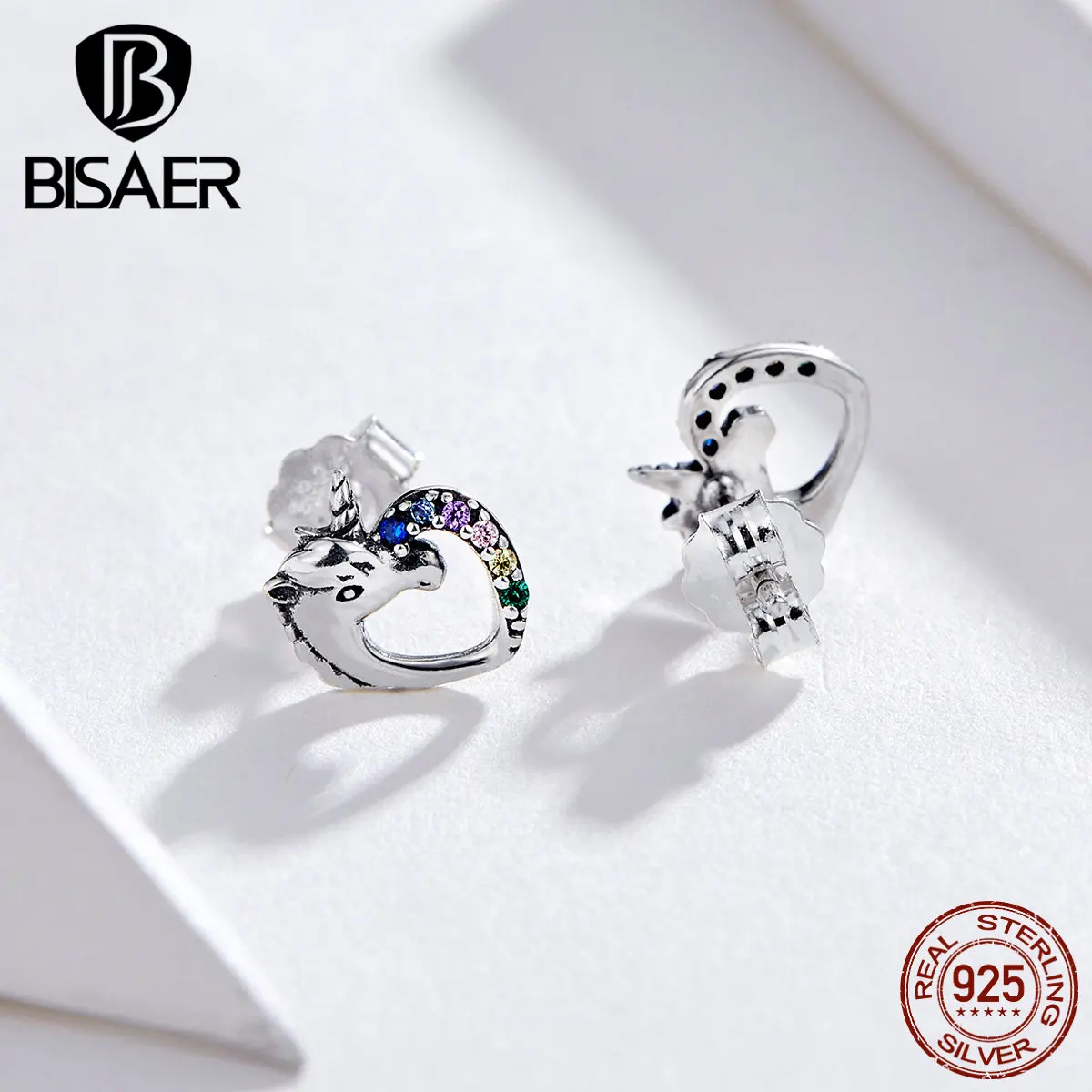 BISAER, Хит, 925 пробы, серебряные, цветные, блестящие, эмалированные, единорог, серьги-гвоздики для женщин, летние серьги, модные ювелирные изделия GXE611