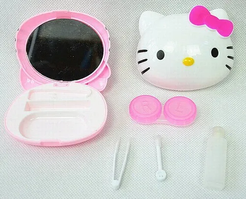 1 шт. милый hello kitty мультфильм контактные линзы коробка кошачья голова футляр для очков из пластика Новинка - Цвет: Бежевый