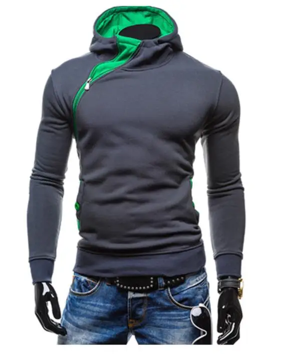 Iron Gray and Green Брендовая мужская толстовка с косой молнией, одноцветные толстовки, мужской модный спортивный костюм, мужская толстовка с капюшоном, мужские тонкие толстовки с длинным рукавом - Цвет: Iron Gray and Green