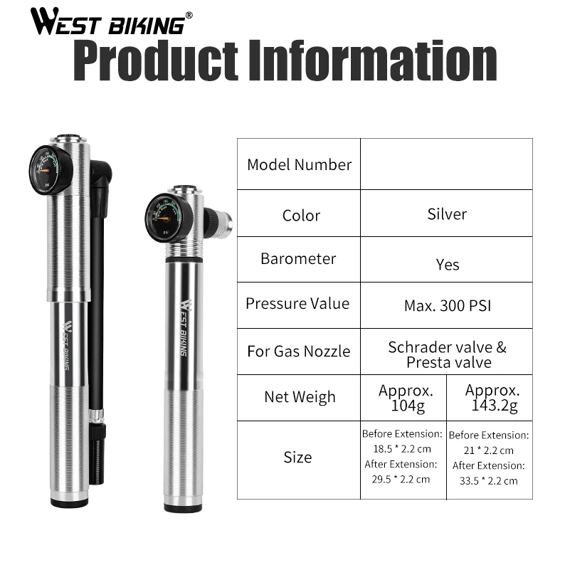 WEST BIKING велосипедный насос 300 PSI Presta/Schrader (Шрадер) Велоспорт шин вилка бомба шланг MTB