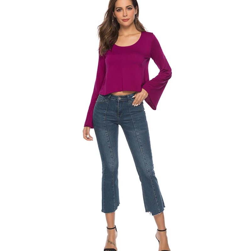 

Women Long Sleeve T-Shirt Cotton Slim Crop Top Womens Solid Wine Red Long Flare Sleeve Tees New Fashion Casual Ladies Short Tees