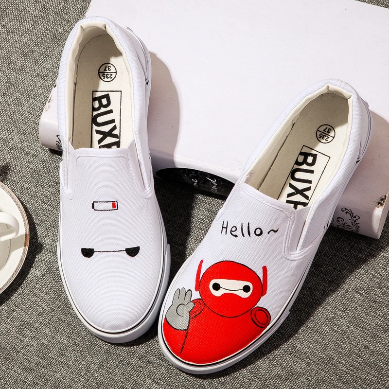 E-LOV Hand Painted Cat And Fish Casual Canvas Shoes Boys Flat Graffiti Cartoon Animal Loafers Students Slip On Chaussure | Обувь