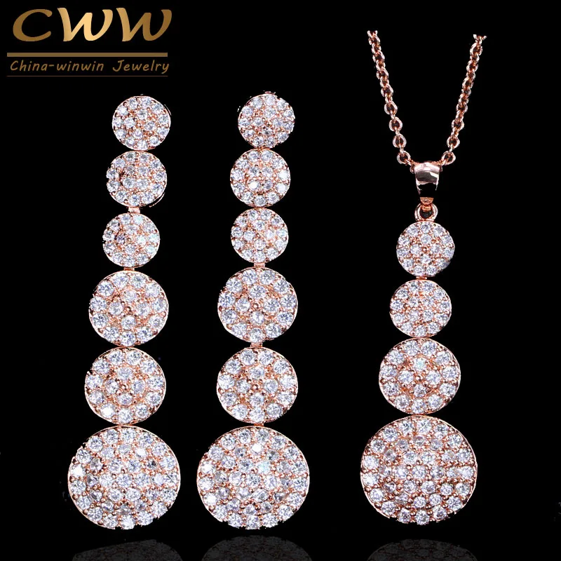 rose gold color CWWZircons благородное розовое золото цвет микро проложить кубический цирконий камни круглые длинные висячие цепочки и ожерелья серьги Ювелирные наборы для женщин T168 - Окраска металла: rose gold color