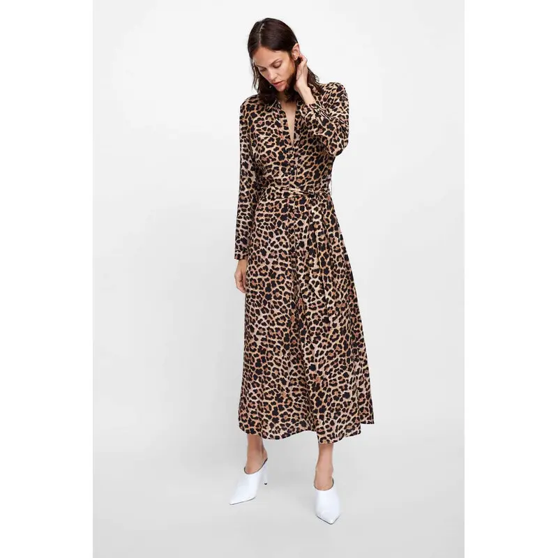 2018 Autumn New Women Leopard Print Maxi Dress Bow Tie Sashes Long Sleeve Retro Ladies Casual Chic Female Dresses Vestidos Женская