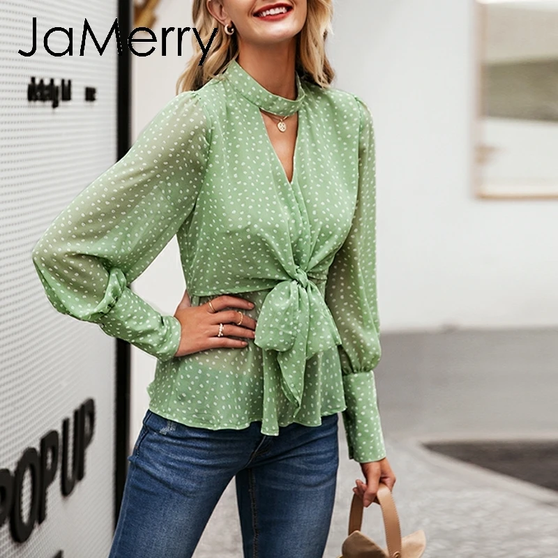 JaMerry, винтажная зеленая женская шифоновая блузка в горошек, рубашка с галстуком-бабочкой, топы с высокой талией и баской, Женские топы с пышными рукавами, блузка, рубашка
