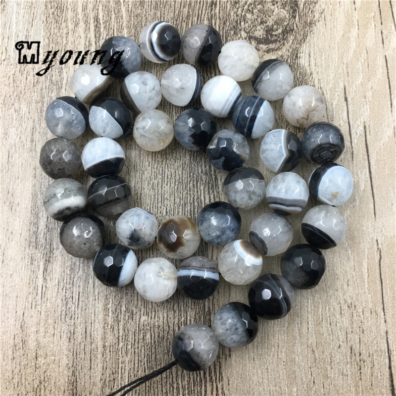 Круглая граненая черно-белая кружевная бусина из натурального камня в полоску