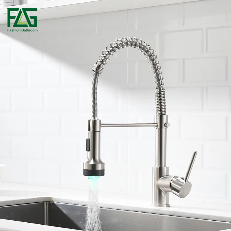 

FLG Spring Style LED Kitchen Faucets Brushed Nickel Sink Faucet Pull Down 2-Function Water Outlet Mixer Tap 9009N