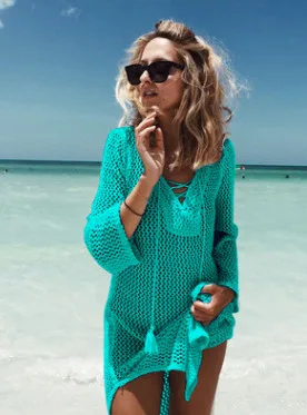 green Saida De Praia, летняя пляжная одежда, платье, туника, парео для женщин,, юбка, Вязанная, открытая, бандажная, длинная, кафтан, Пляжная накидка - Цвет: green