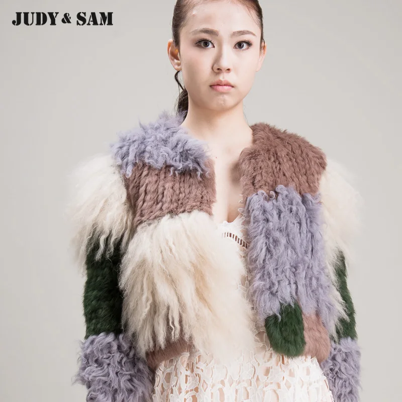 Женское пальто с длинными рукавами из натурального овечьего меха цветной в виде