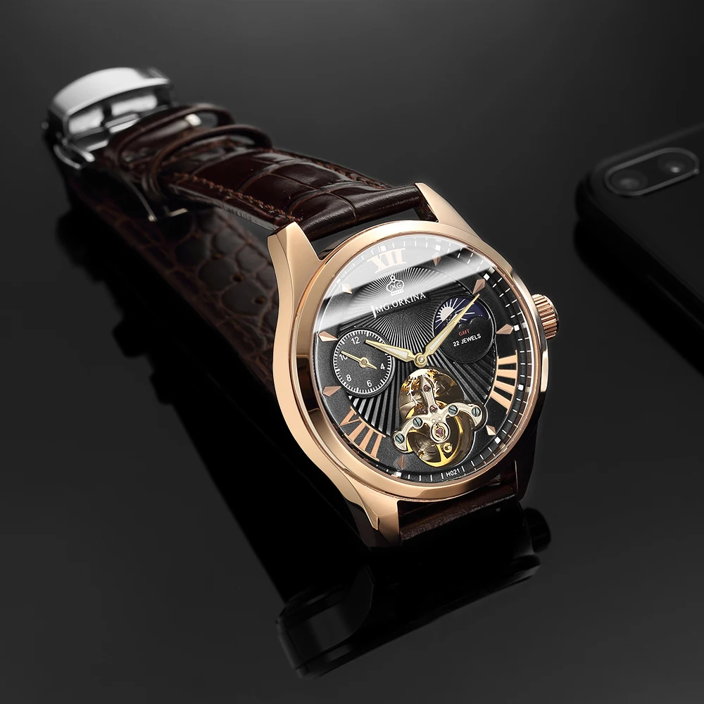 

ORKINA Tourbillon Mechanical Watch Men Luxury Sapphire Crystal Luminous Hands Leather Band Automatic Wristwatch Reloj Hombre