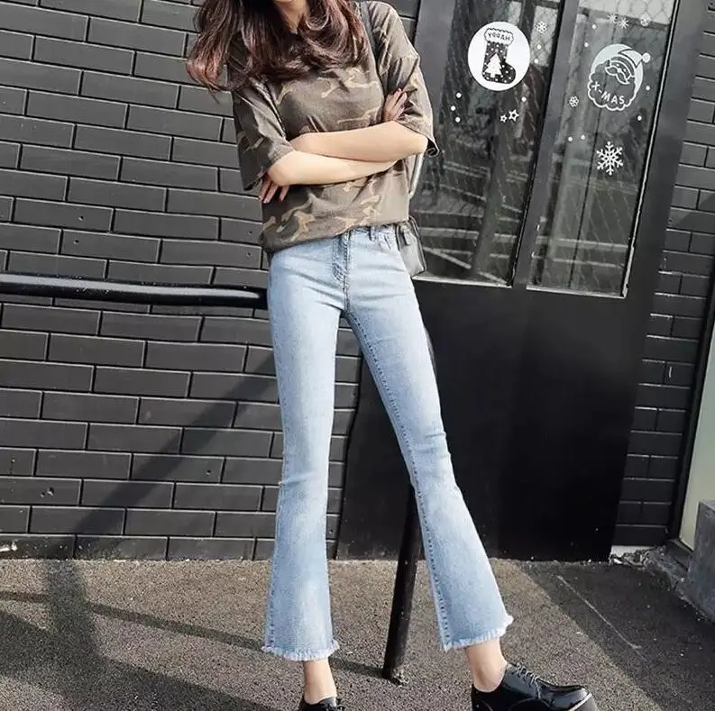 Light blue MingJieBiHuo/модные женские джинсы в Корейском стиле; Новое поступление; повседневные женские джинсы на молнии средней посадки; однотонные расклешенные джинсы; большие размеры - Цвет: Light blue