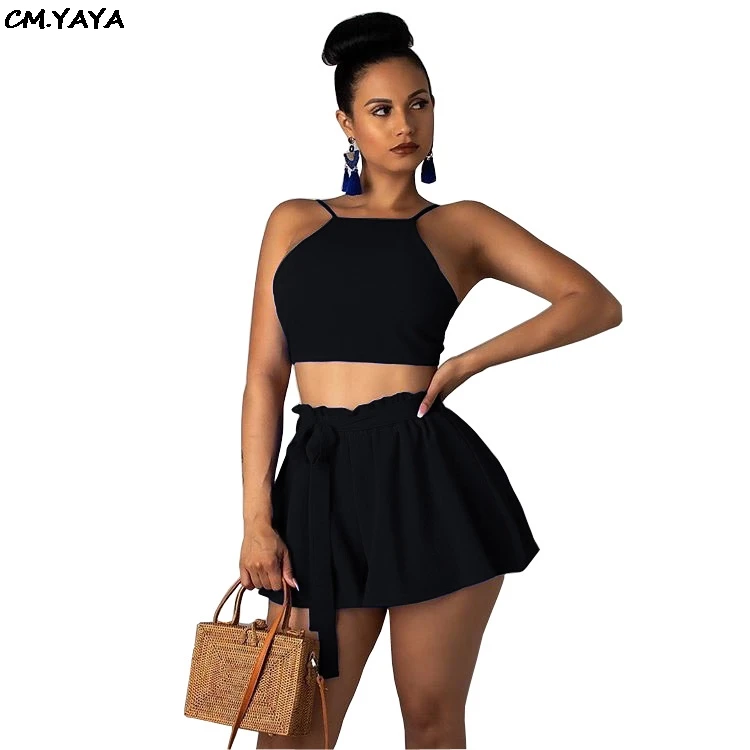 Женский пляжный богемный костюм укороченный топ без рукавов шорты с поясом и