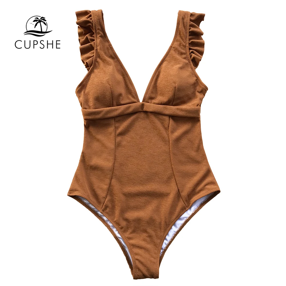 CUPSHE карамель оборки Цельный купальник женский Глубокий v-образный вырез сдельные