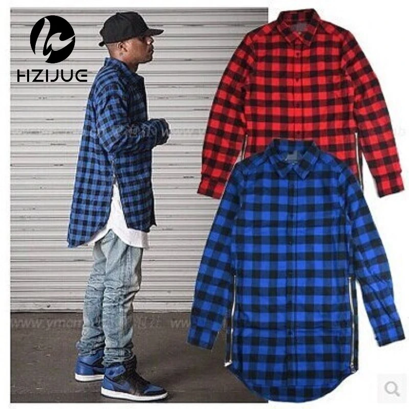 Модная мужская клетчатая рубашка на молнии с длинным рукавом в стиле хип-хоп