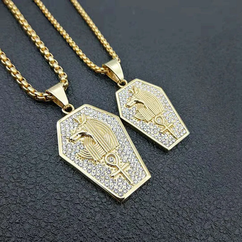Хип хоп полный горный хрусталь Bling Iced Out Золото Цвет Нержавеющая сталь Египетский АНХ крест Anubis подвески Цепочки И Ожерелья Для для мужчин ювелирные