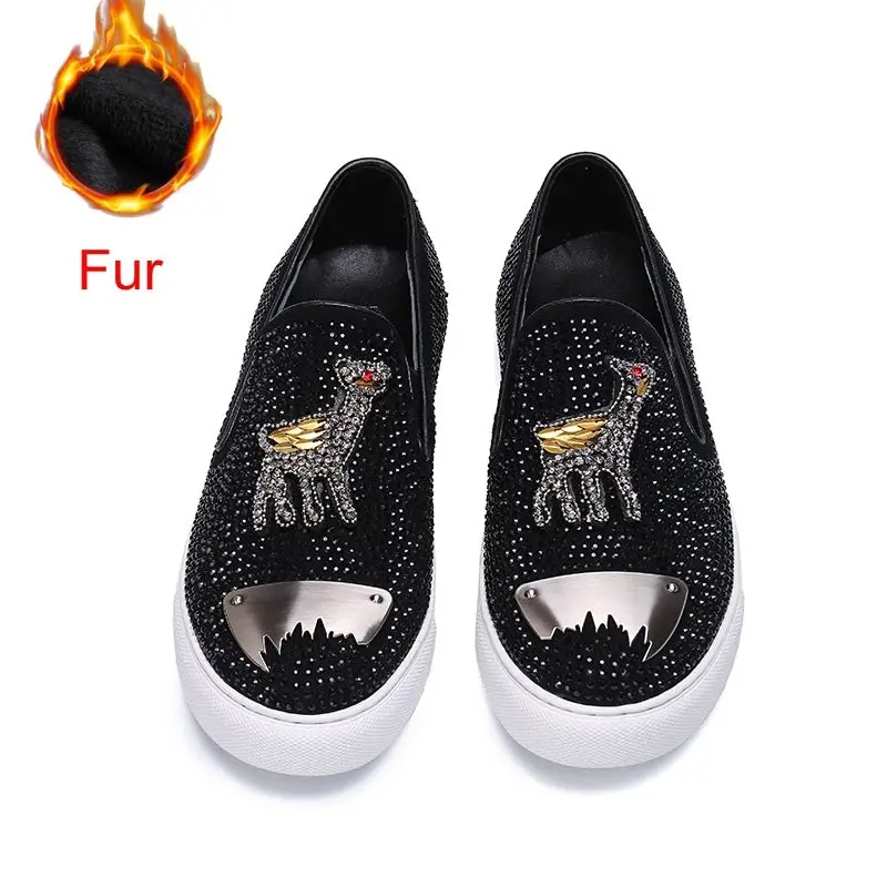 Fur Fawn Germuss/Роскошные брендовые модные мужские туфли со змеиным узором дизайнерские модные повседневные туфли на плоской подошве со стразами - Цвет: Fur Fawn