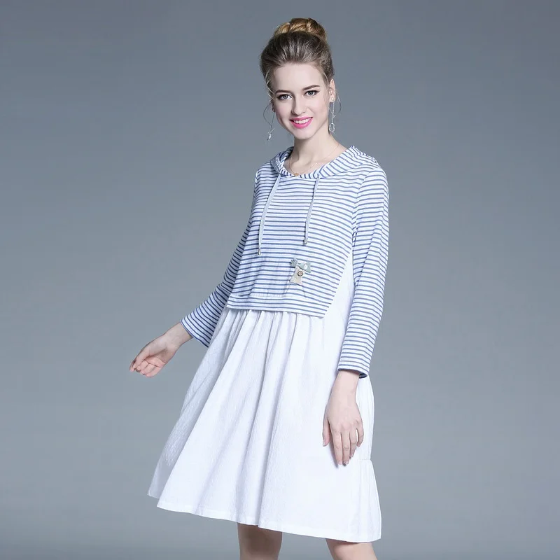 Милое расклешенное платье в полоску свободное лоскутное средней длины с