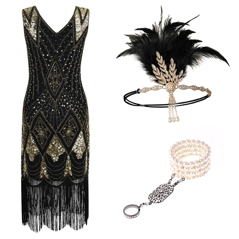 A SET 1920s Flapper платье Great Gatsby вечерние платья с блестками и бахромой - Цвет: A SET