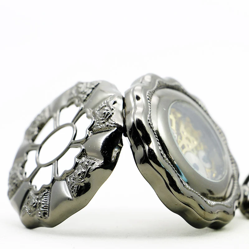 Specially Designed Flower Shaped Hollow Mechanical Pocket Watch with Black Retro Hand Wound Fob Chain Men's Watch
