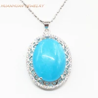 new blue stone egg oval pendant chain women 25x33mm zircon inlay natural stones jades chalcedony necklace pendants jewelry b3313