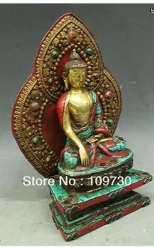 00671 13&quotTibet Buddhism Fane Bronze 24K Gold turquoise coral sakyamuni Buddha Statue | Дом и сад