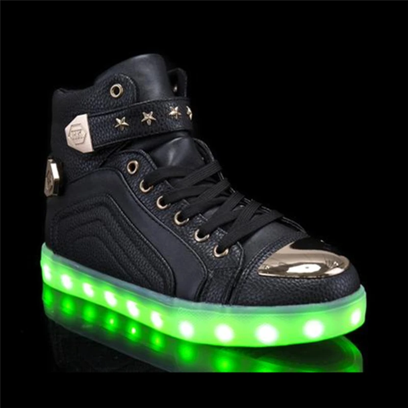 Высокие LED Обувь Мужчин Светящиеся неоновой USB зарядка пара flash Для мужчин обувь