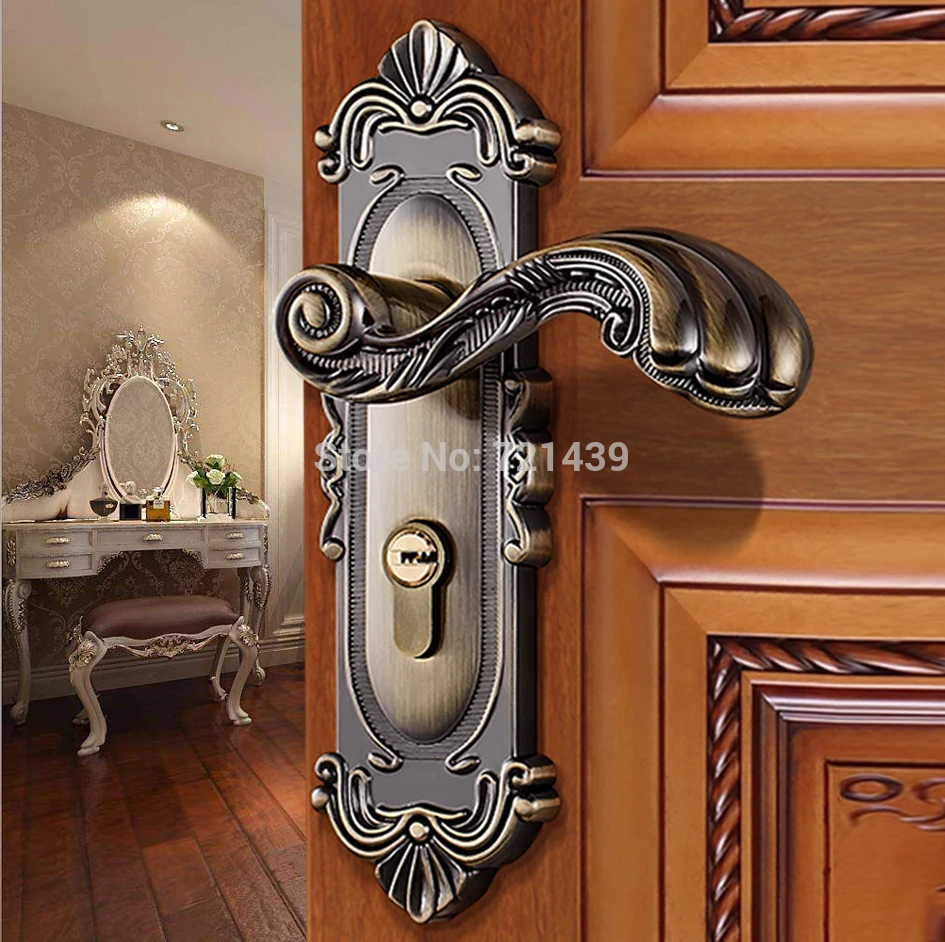 

European Vintage Indoor Door Lock Antique Bronze Zinc Alloy Double Latch Carving Escutcheon Handle Wooden Door Bedroom