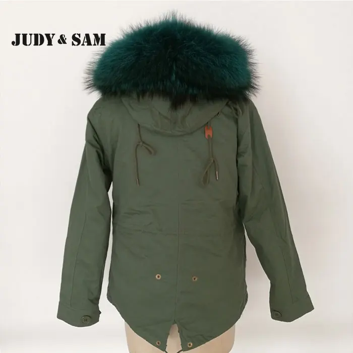 Теплые зимние Армейский зеленый Мех животных парка с реальным енота капюшон