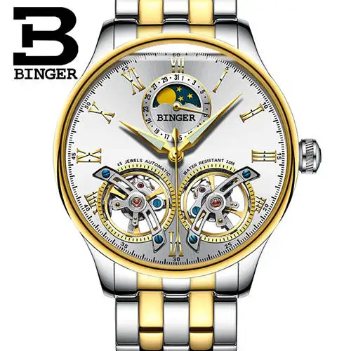 Gold white B8606A st Швейцарские мужские часы с двойным Tourbillon, BINGER, автоматические часы для мужчин, модные механические наручные часы с кожаным ремешком - Цвет: Gold white B8606A st