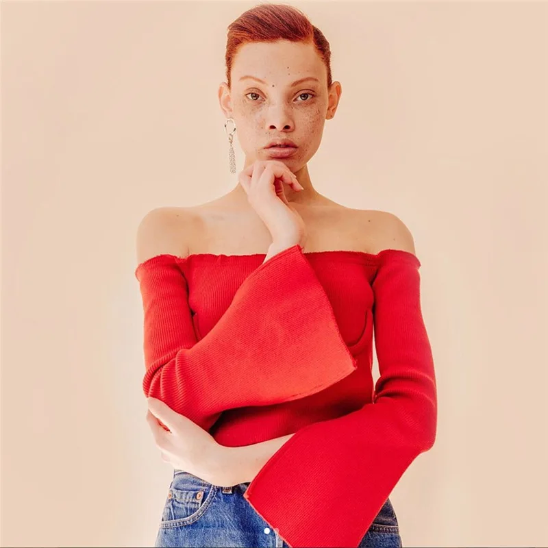 Разрез расклешенными рукавами с плеча блузка женщины светло голубой цвет Knit Crop