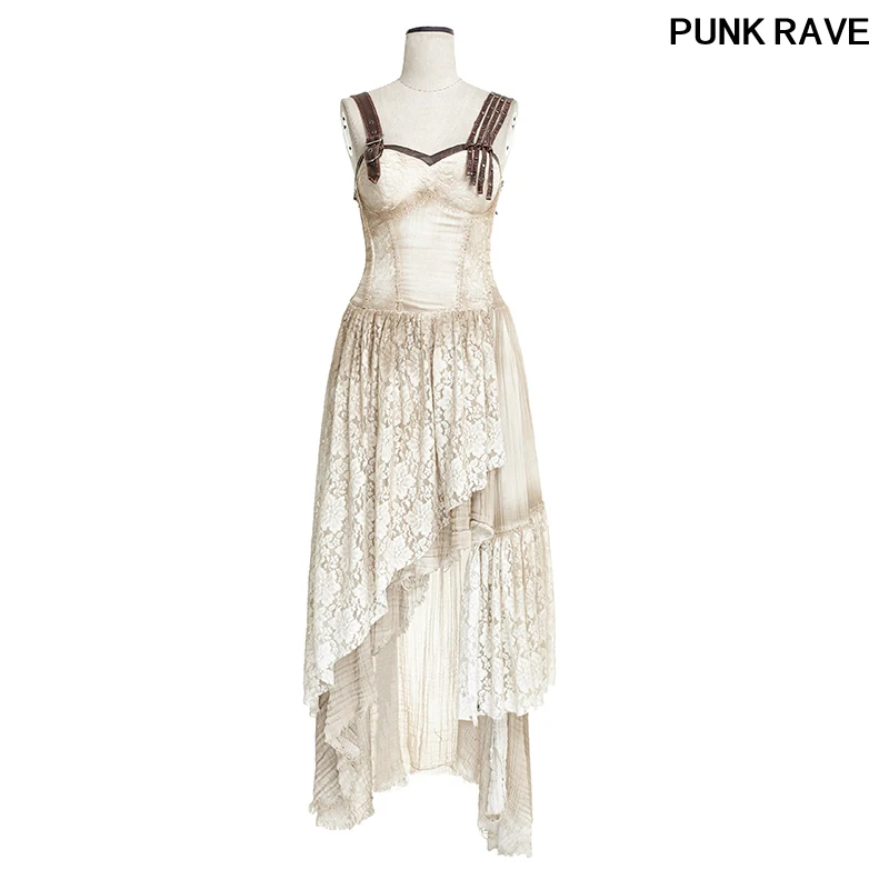 

Steampunk Summer Off Shoulder Long Condole Belt Dress Women Asymmetrical Hem Lace Matching Do Old Dresses PUNK RAVE Q-291