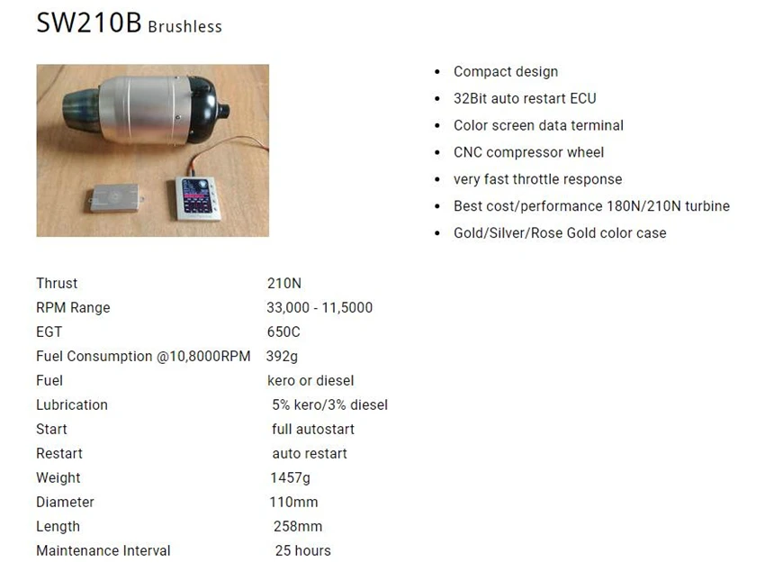 Турбинный двигатель SWIWIN180B 210B SW180B 210B турбинный реактивный двигатель для реактивного самолета тяги 18 кг 20 кг