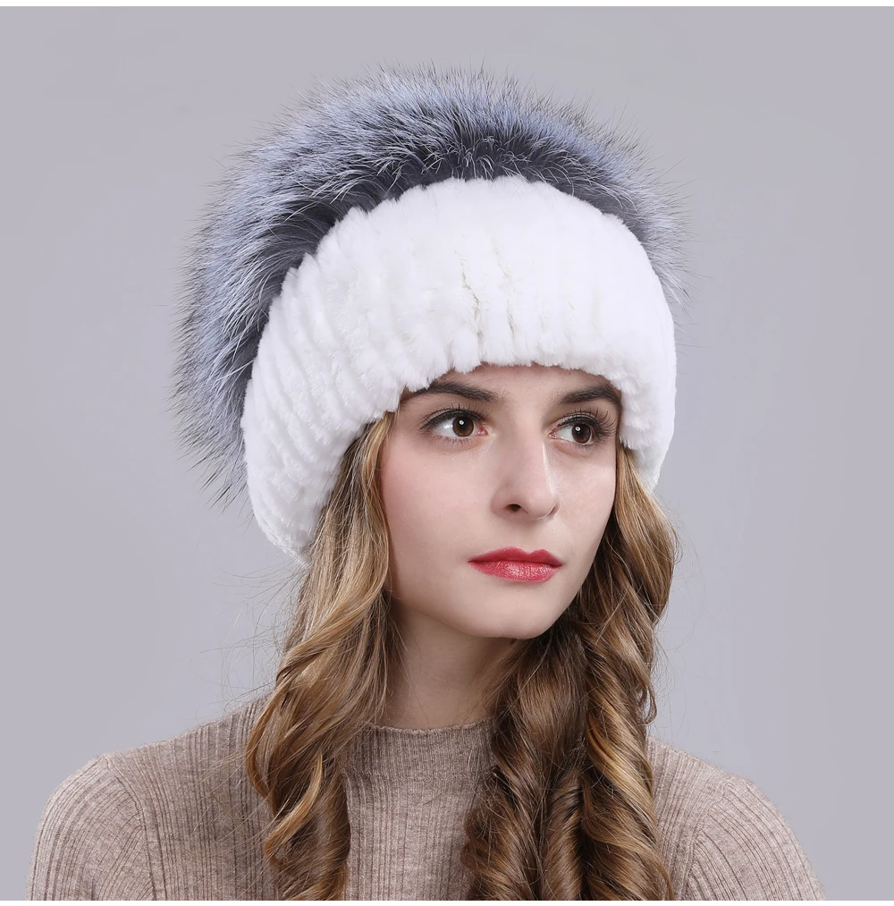 Outdoor Women Warm Soft Genuine Rex Rabbit Fur Hat Knitted Natural Real Sliver Fox Fur Caps Winter Real Rabbit Fur Beanies Hats