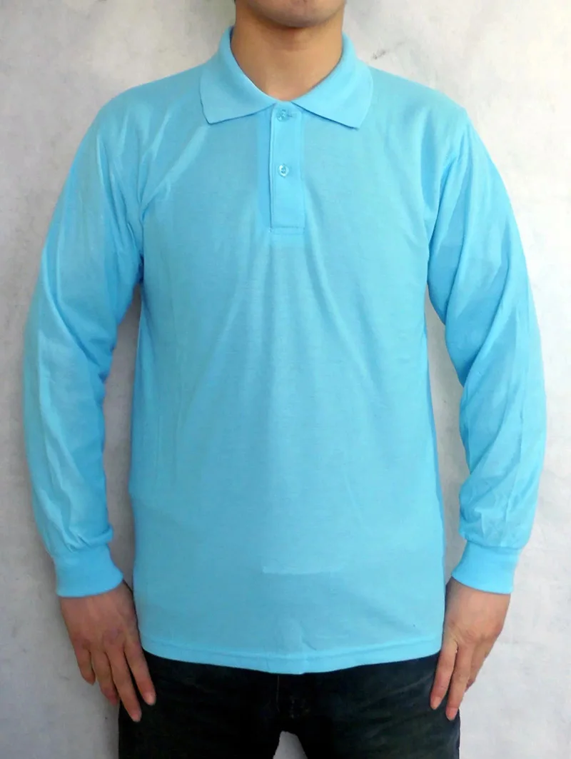 Light blue Новые мужские рубашки поло, мужские повседневные однотонные хлопковые рубашки поло с длинным рукавом, унисекс, с индивидуальным принтом, ваш собственный дизайн, логотип, модные брендовые Топы - Цвет: Light blue