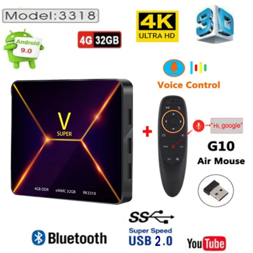 Smart tv Box V SUPER Android 9,0, 4 Гб ОЗУ, 32 Гб ПЗУ, Rockchip RK3318, 4 K, USB2.0, IP tv, телеприставка, 2,4G, wifi, поддержка bluetooth