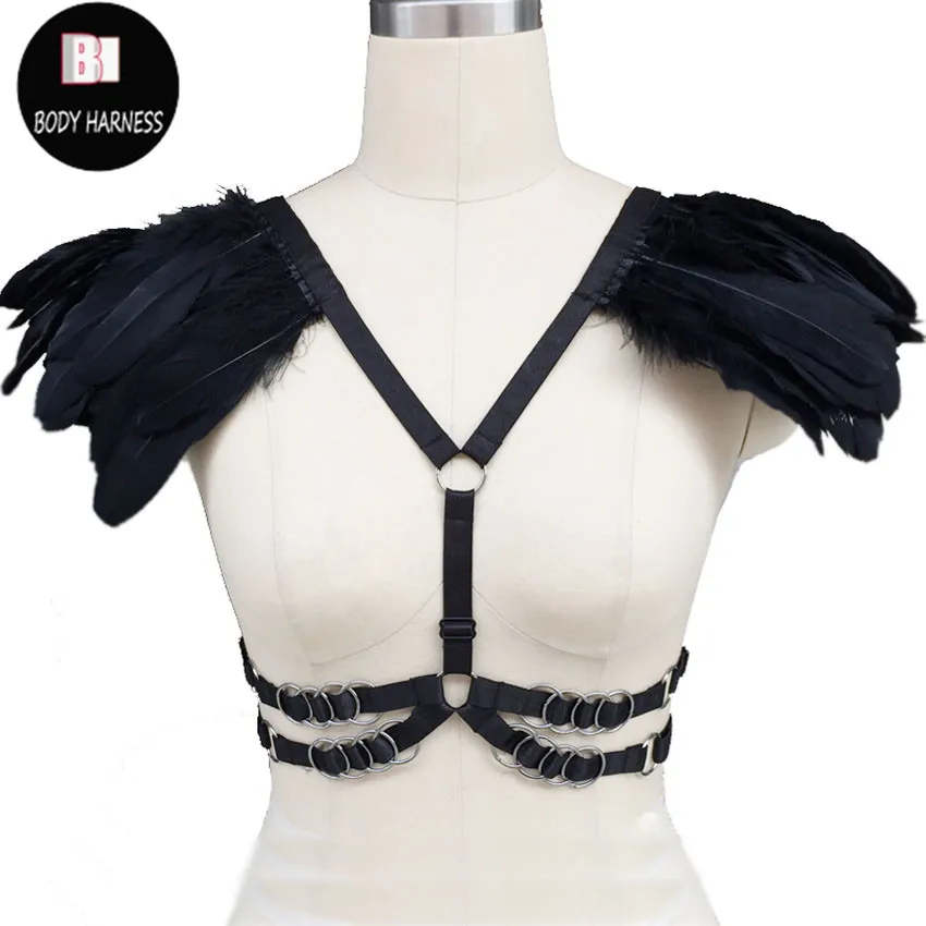 Эластичный черный бюстгальтер с белыми крыльями и перьями|body harness cage bra|black body