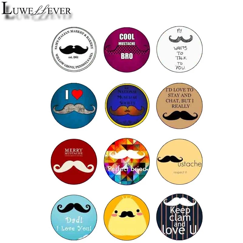 

10mm 14mm 16mm 12mm 20mm 25mm 403 12pcs/lot Moustache Mix Round Glass Cabochons Jewelry Findings 18mm Snap Button Charm Bracelet