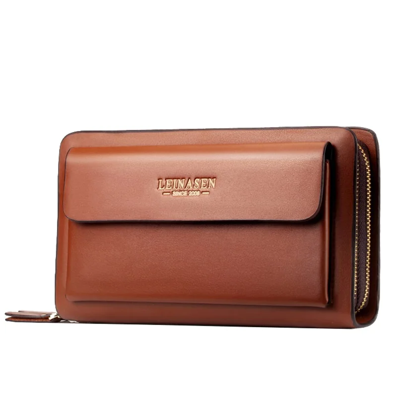 LEINASEN, люксовый бренд, мужские кошельки с карманом для монет, двойная молния, мужской кошелек, длинный, большой, мужской кошелек, клатч для монет, черный, деловой