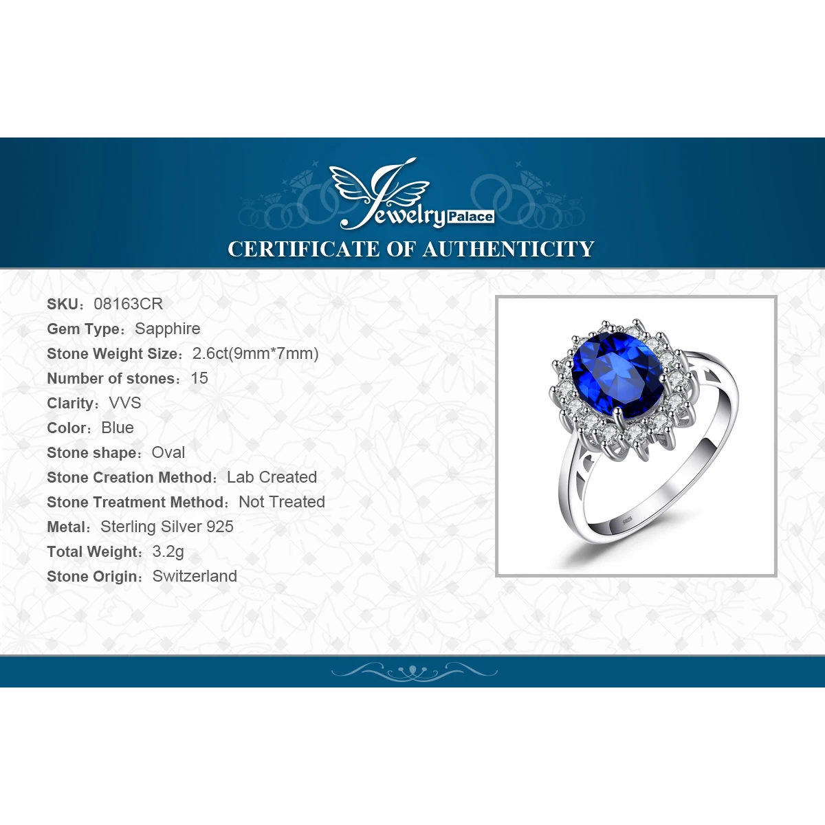 Jewelrypalace Принцесса Диана Уильям Кейт Миддлтон 3.2ct синий создания Сапфир Обручение 925 Серебряное кольцо для Для женщин