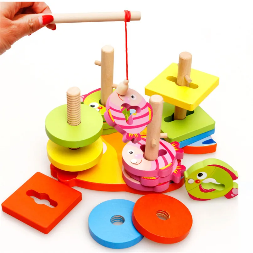 

Wooden Multifunctional Magnetic Fishing Game Geometric Shape Matching Set Wood Building Blocks Toys For Children Girls Gifts