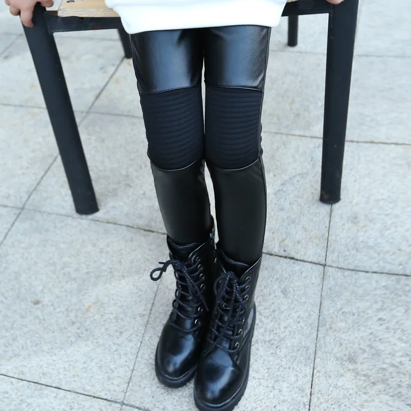 Осенние и зимние детские леггинсы из искусственной кожи для девочек эластичные