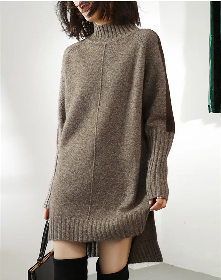 cashmere wool blend women fashion mid long open hem hip pack skirt dress half-high collar pullover sweater S-3XL | Женская одежда