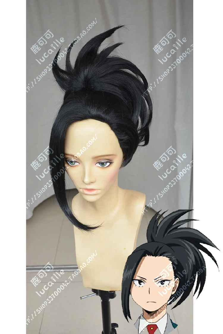 

Anime My Hero Academia Baku no Hero Momo Yaoyorozu Short Black Ponytail Heat Resistent Cosplay Costumes Wig + Wig Cap