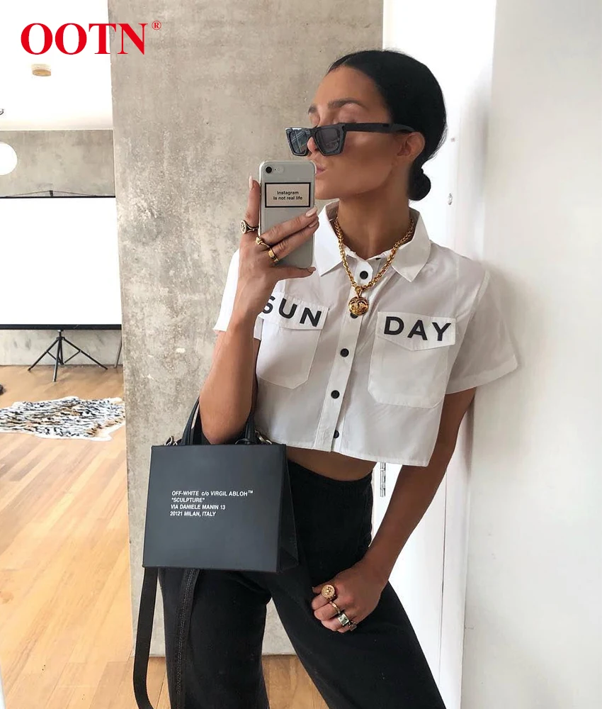 OOTN SUNDAY/укороченный топ с принтом, блузка, женские рубашки с коротким рукавом, женские летние топы года, с отложным воротником, офисные белые блузки на пуговицах