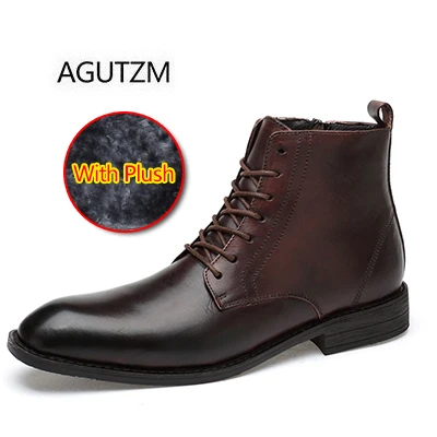 AGUTZM/Коллекция 9206 года; сезон осень-зима; мужские ботинки из натуральной кожи на шнуровке с квадратным носком; теплые плюшевые повседневные мужские ботильоны в деловом стиле - Цвет: dark brown w plush
