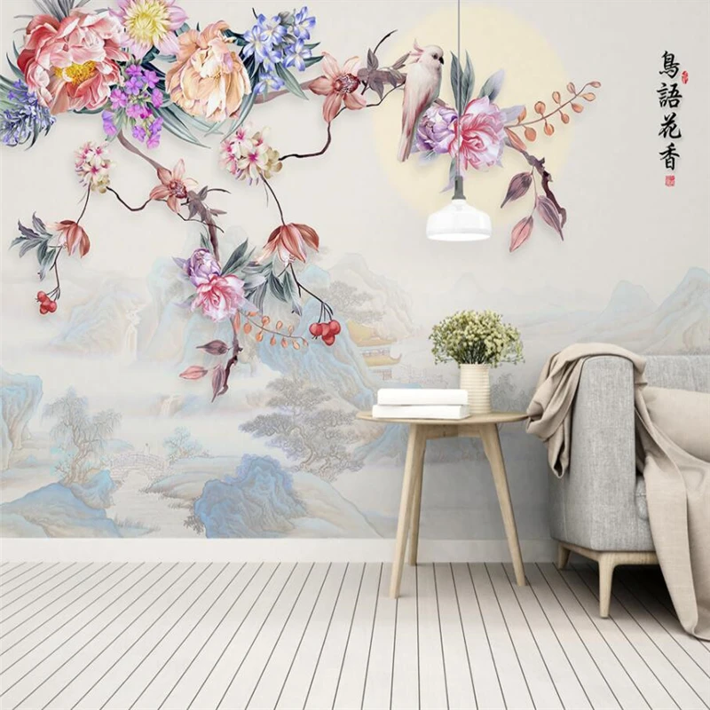 wellyu New Chinese hand-painted flowers and landscape TV background wall custom large mural wallpaper papel de parede | Обустройство