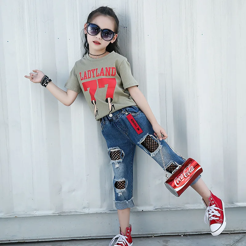 Kids Clothes Girl Summer Cotton T-shirt and Black Nets Denim Trousers Children's Clothing Sets 4-14 Ages Teen Girls sports suit | Детская