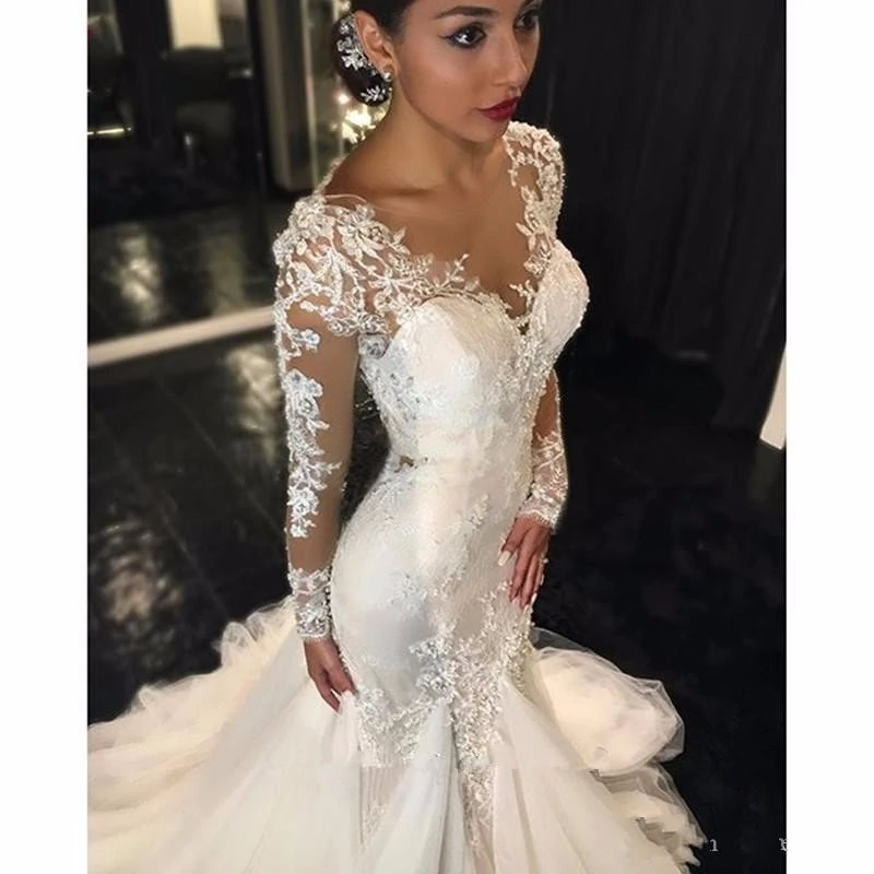 

Fashion Bridesmaid banquet long sleeve Mermaid Wedding low V-neck transparent dress